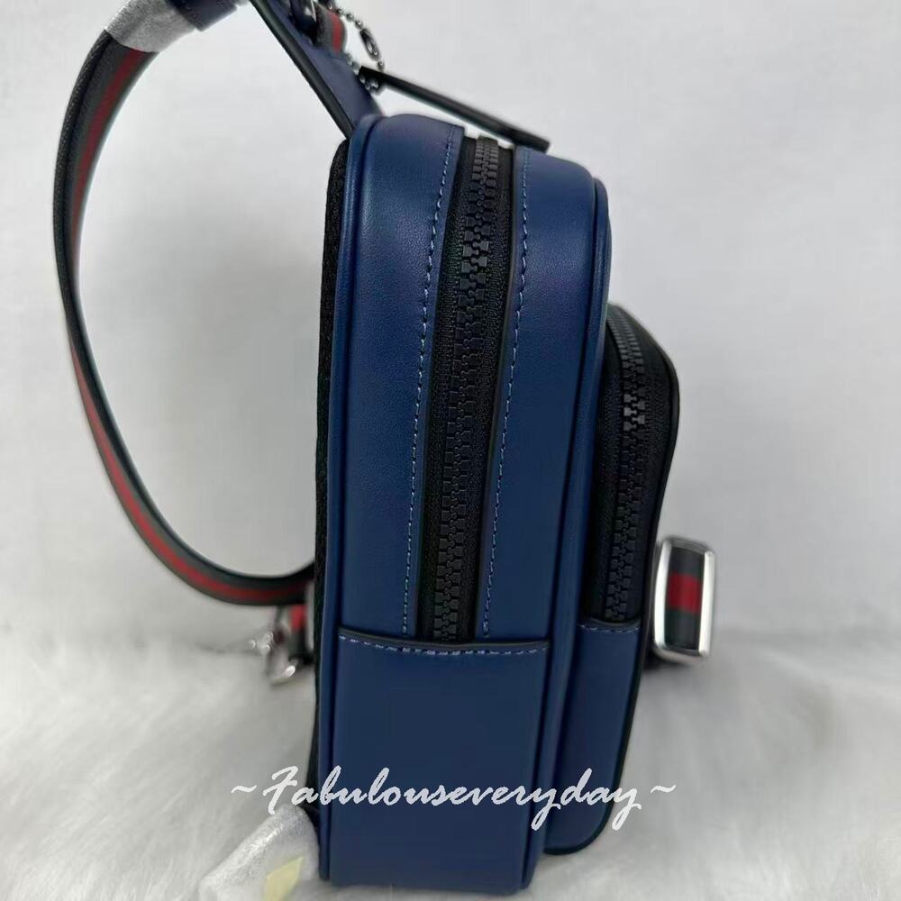 Coach Men's Racer Sling Pack With Varsity Stripe Webbing Leather/Deep Blue CDC85 - Picture 6 of 11